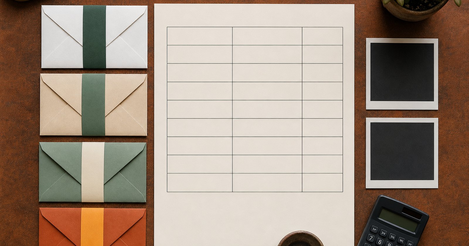 Blank unit schedule, deposit envelopes, property photographs, and calculator arranged for transfer review