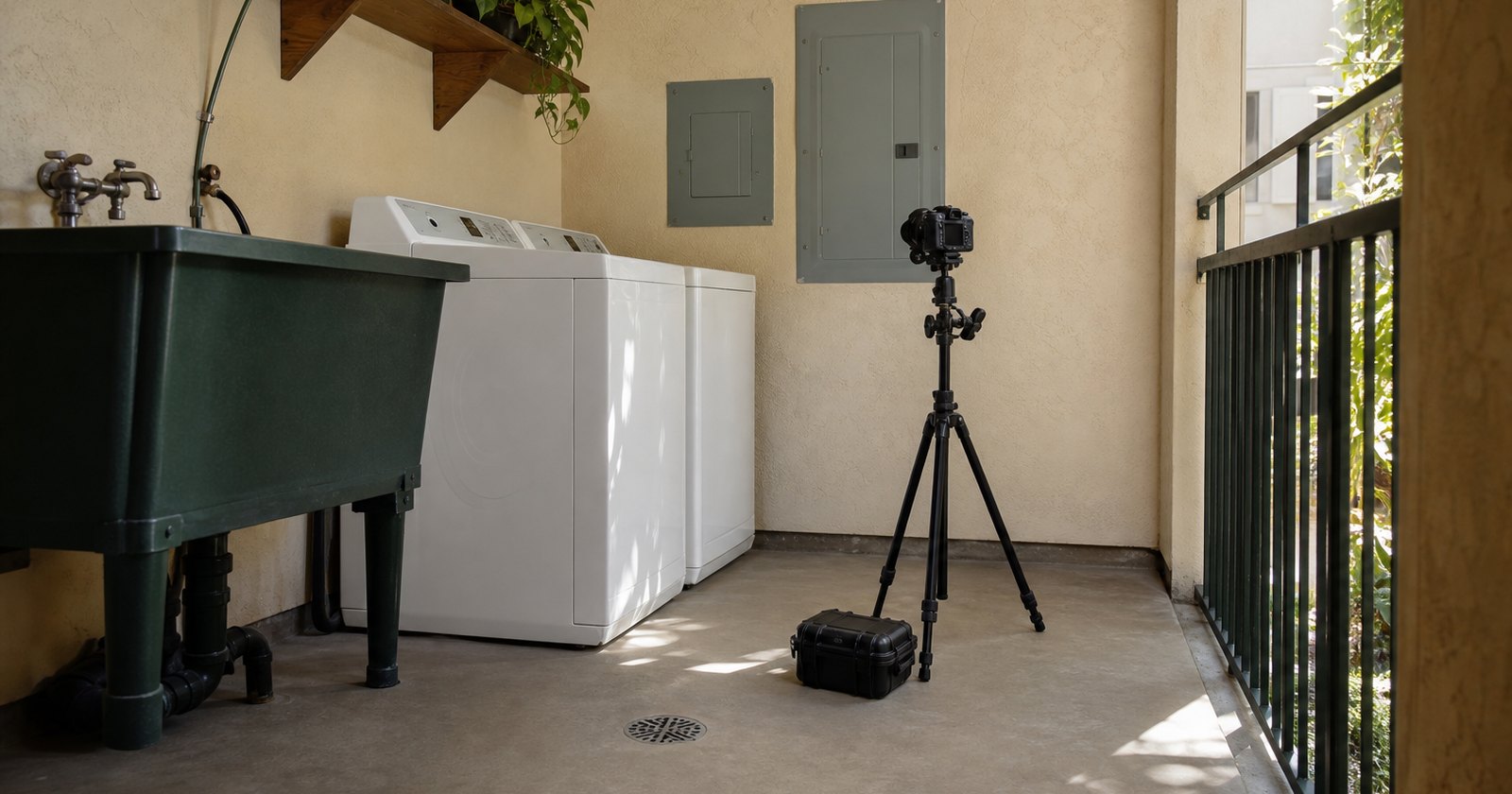 Apartment common area with compact inspection camera and building-system meters