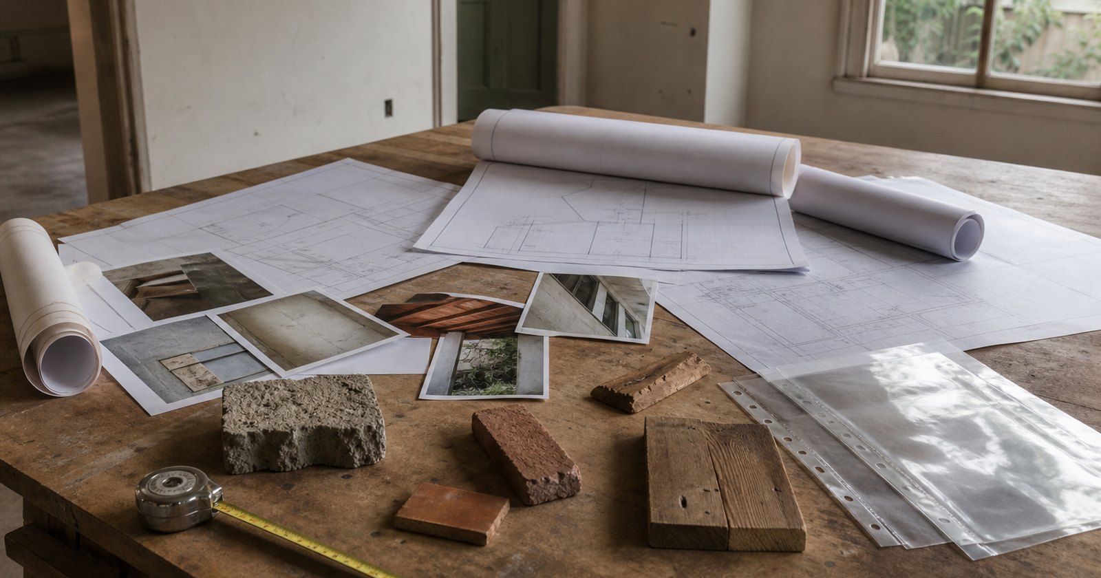 Blank building plans, unlabeled permit photographs, measuring tools, and material samples prepared for diligence