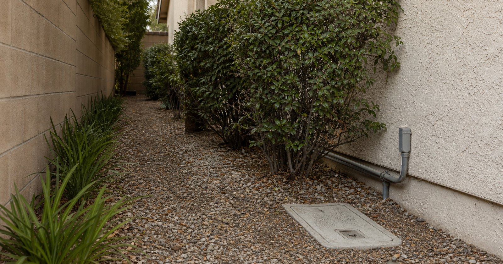 Survey marker and utility access route along the side of a California property
