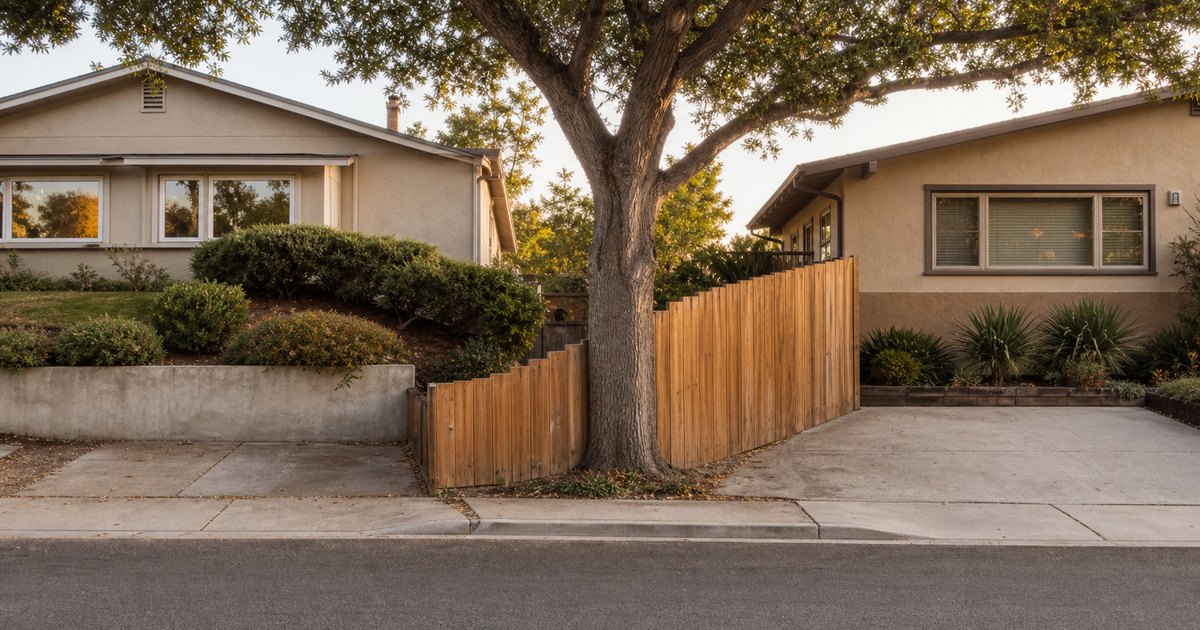 Adjacent California homes divided by a mature tree, fence, and shared driveway edge