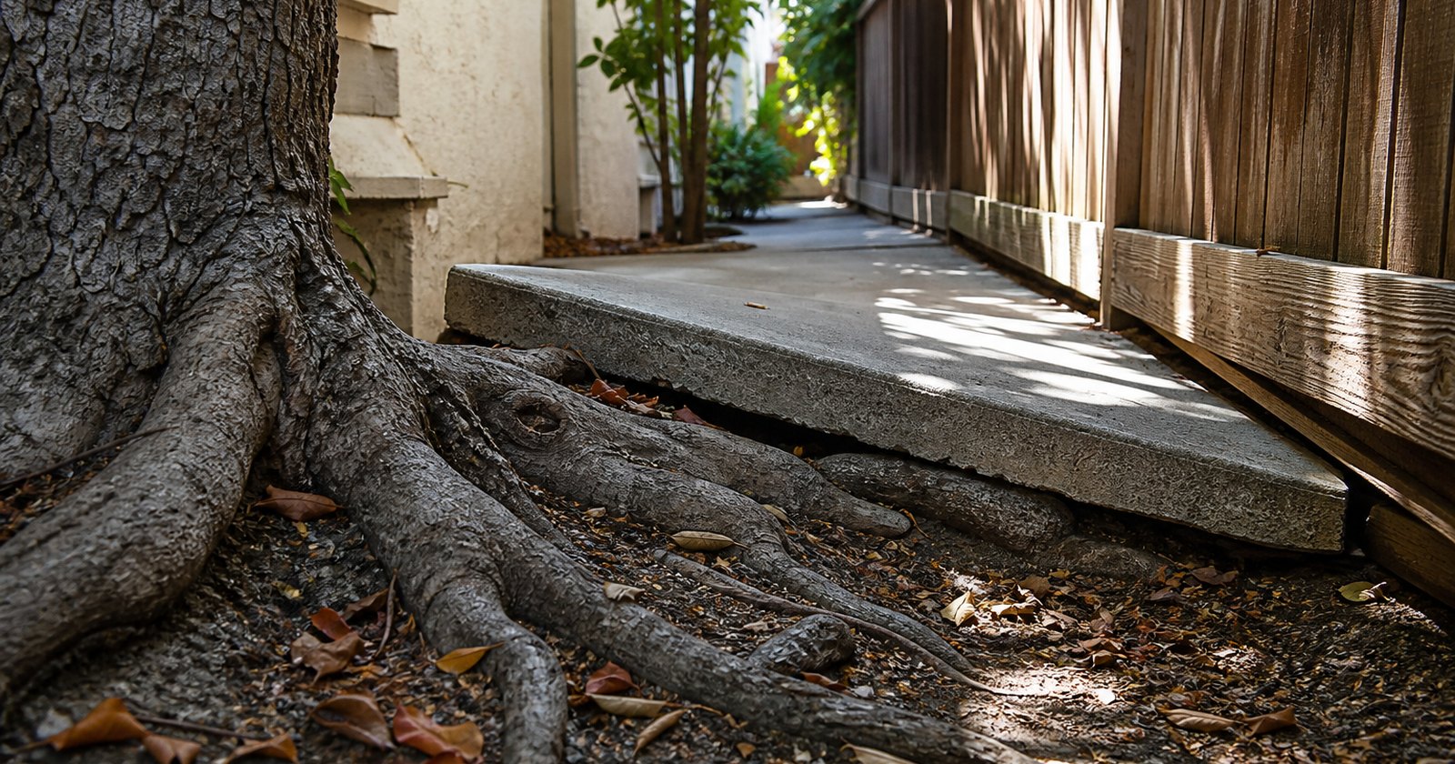 Mature tree roots lifting pavement beside a shared fence