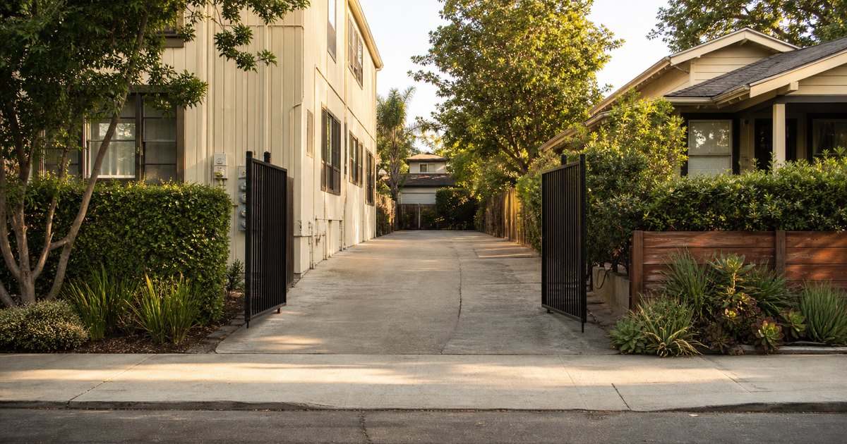 Shared California driveway passing through a gate between two properties