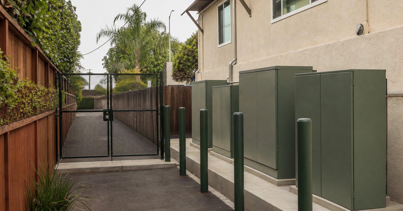 Utility access corridor beside a California multifamily property