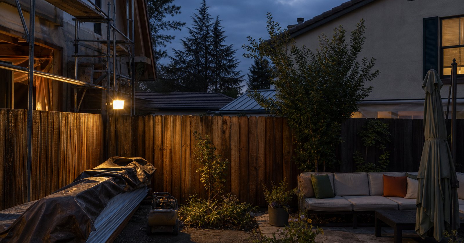 Temporary construction light and equipment visible across a residential property boundary