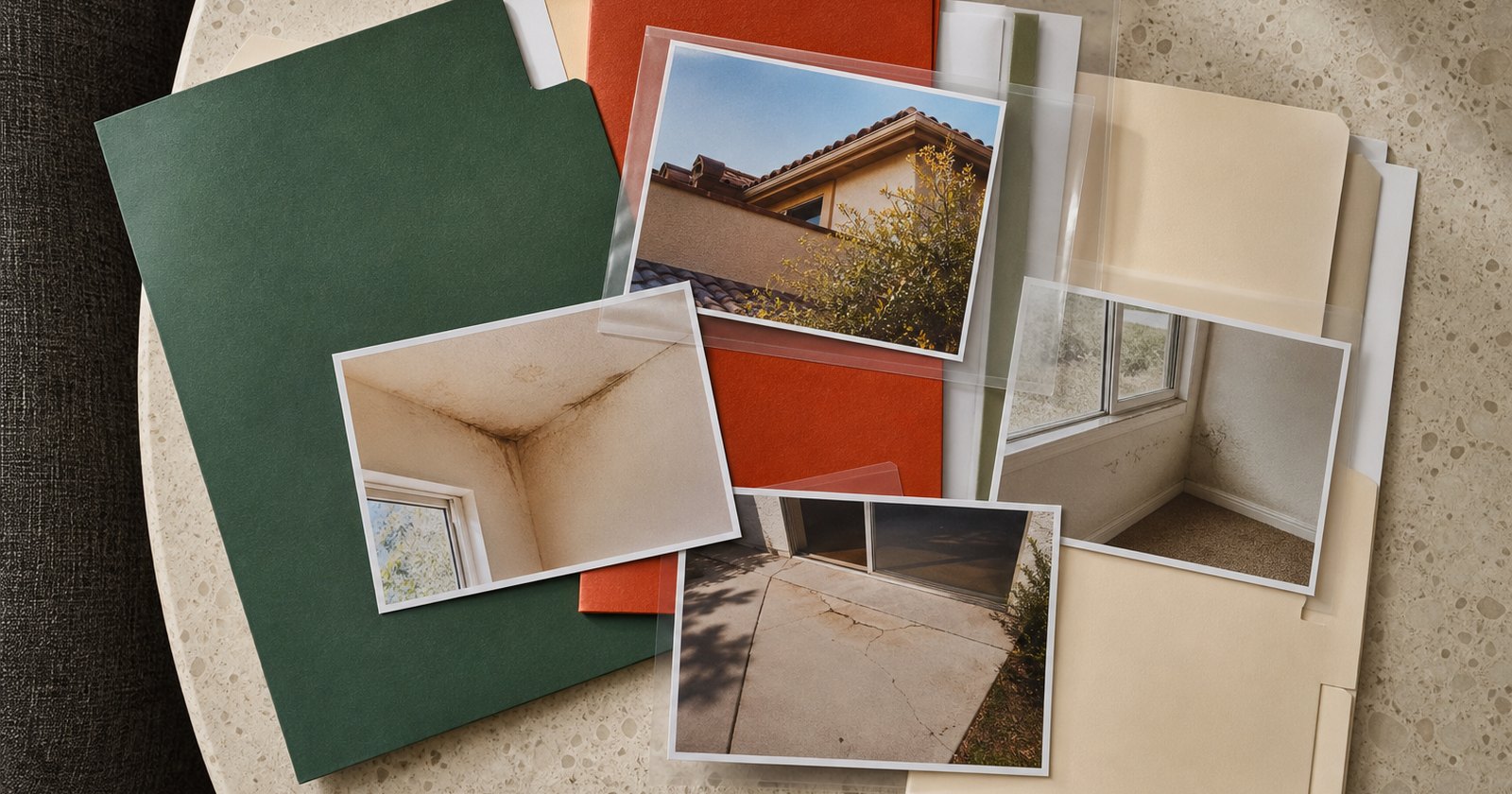 Blank transaction folders, property-condition photographs, and colored agency dividers arranged for review