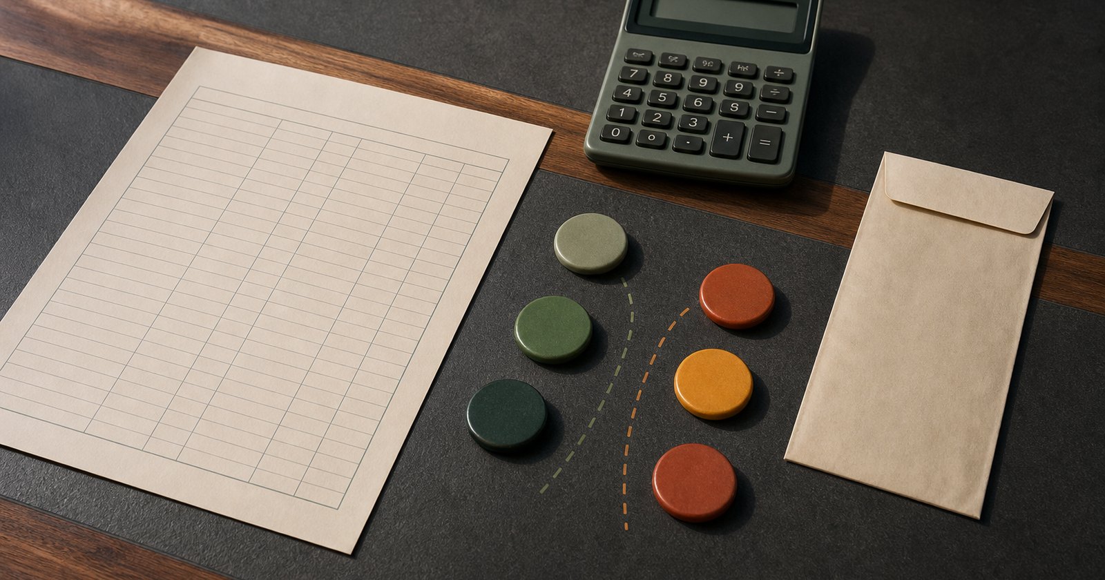 Blank escrow statement, colored account tokens, and calculator arranged for deposit and commission review