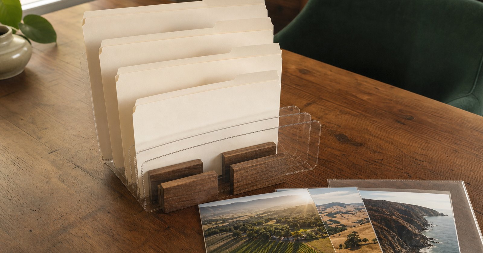Nested blank ownership folders with parcel photographs arranged in a clear property structure