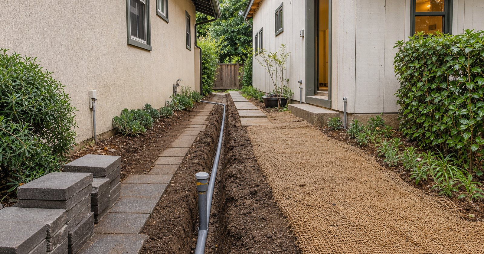 Prepared utility trench connecting a California main house and backyard ADU