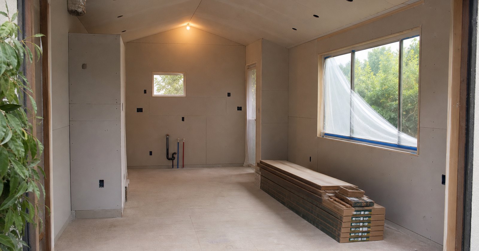 California garage interior in progress toward a modest rental conversion