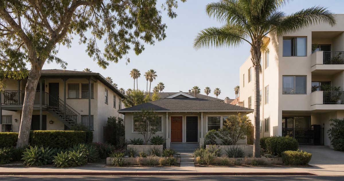 Varied California rental housing including a courtyard apartment, duplex, and small condominium building