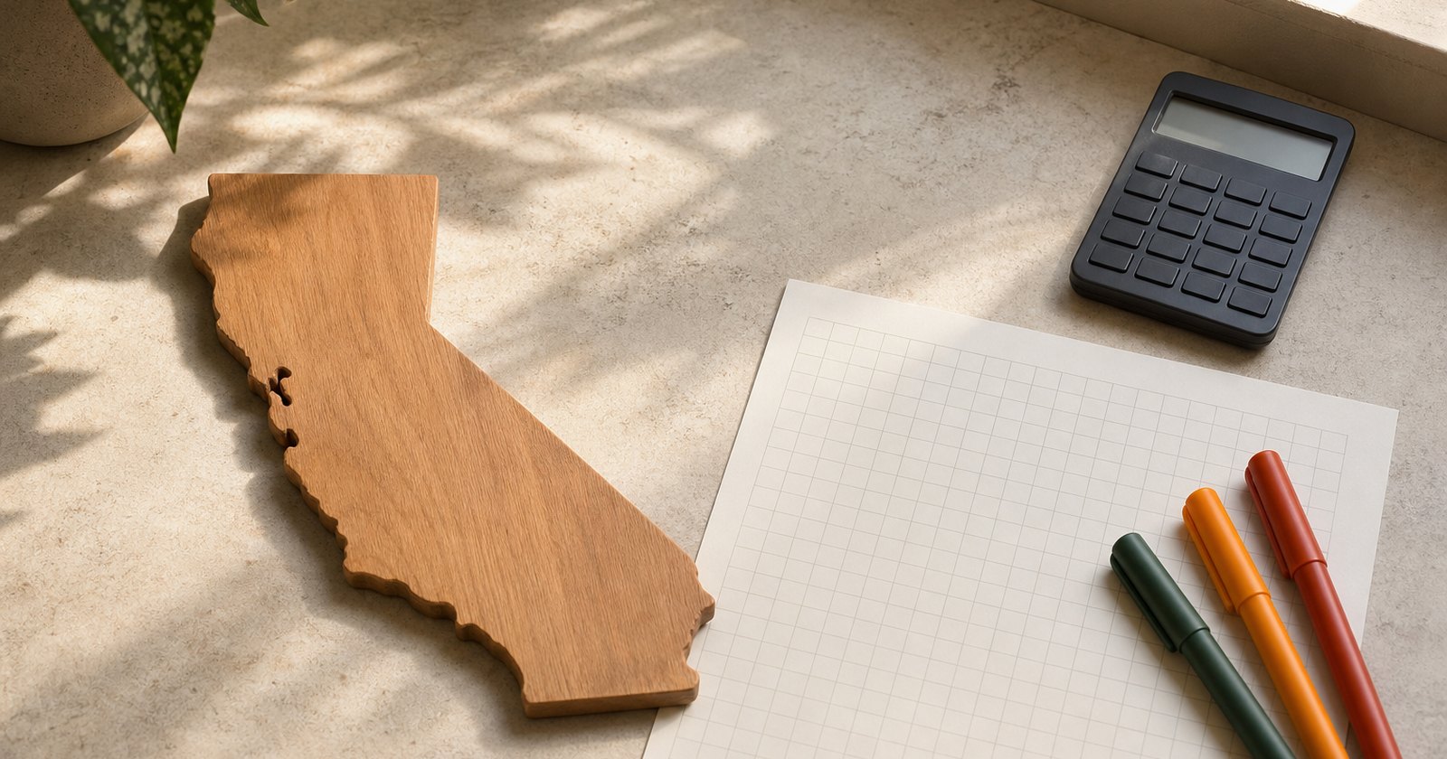 Wooden California map silhouette beside a blank calculation grid and simple colored markers