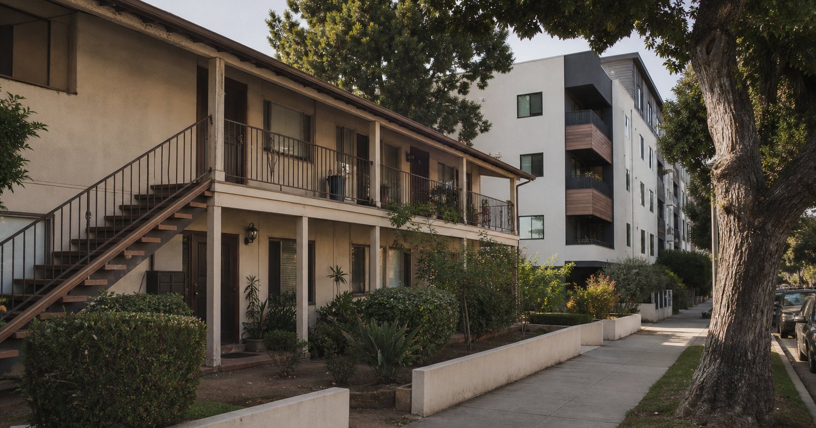 Older courtyard apartments beside a newer infill rental building on a California street