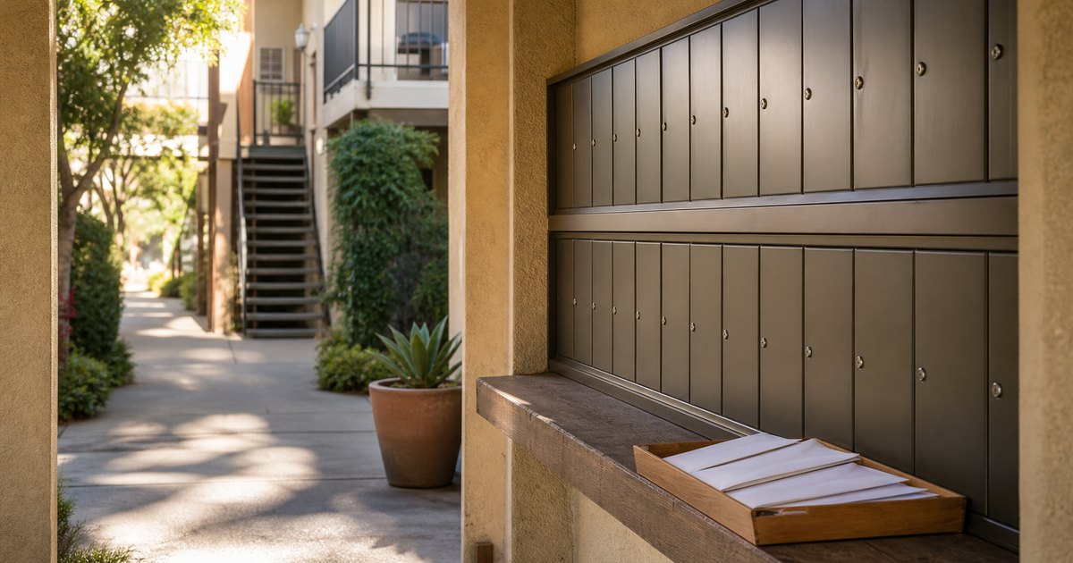 Orderly apartment mailroom with plain sealed envelopes ready for lawful delivery