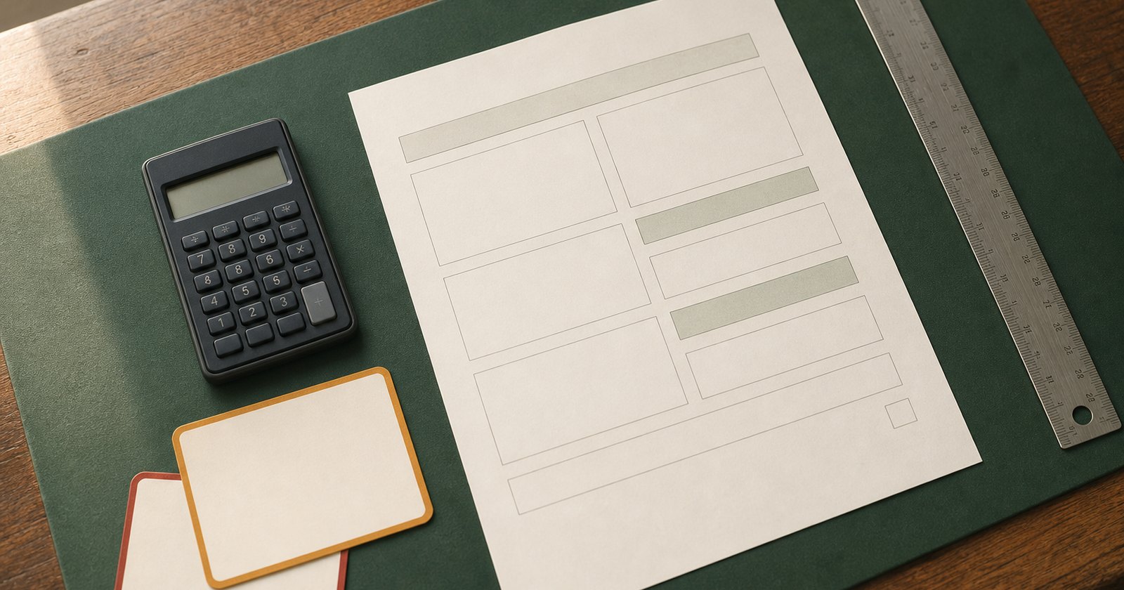 Blank rent worksheet and unbranded calculator arranged with two color-coded comparison cards