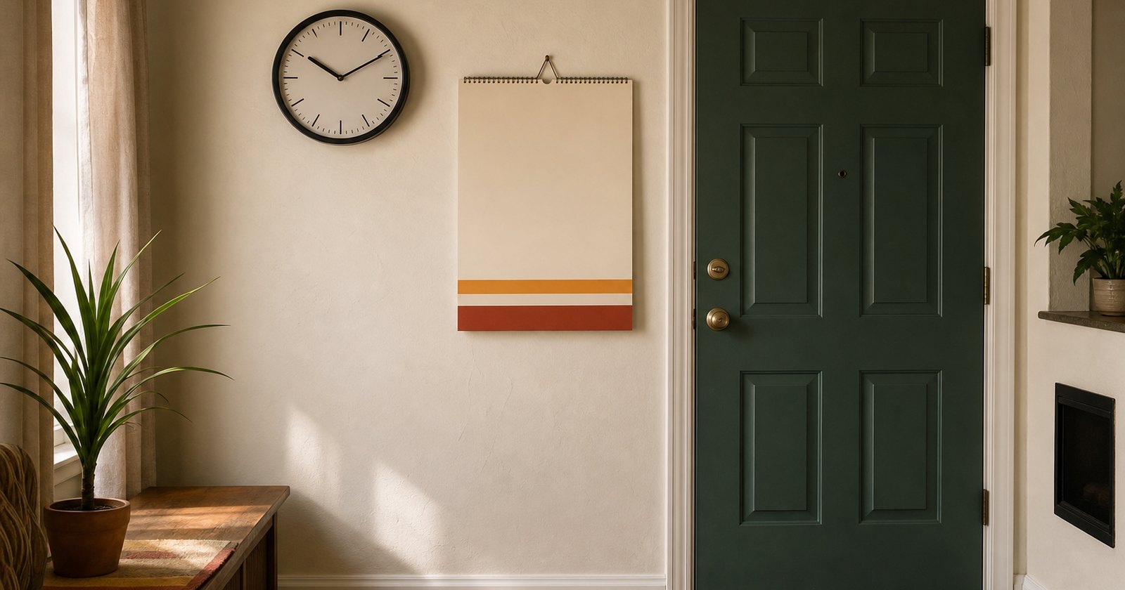 Blank wall calendar with two colored notice-period bands beside a closed apartment entry