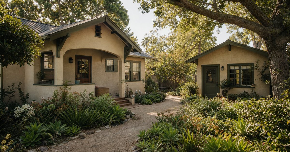 Detached California rental house with a separate backyard cottage and shared garden path
