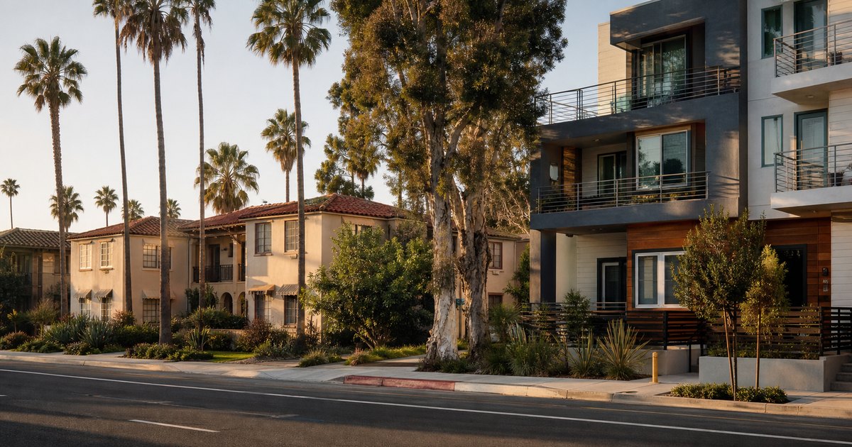 California city streetscape layering older courtyard apartments and newer mid-rise rental housing