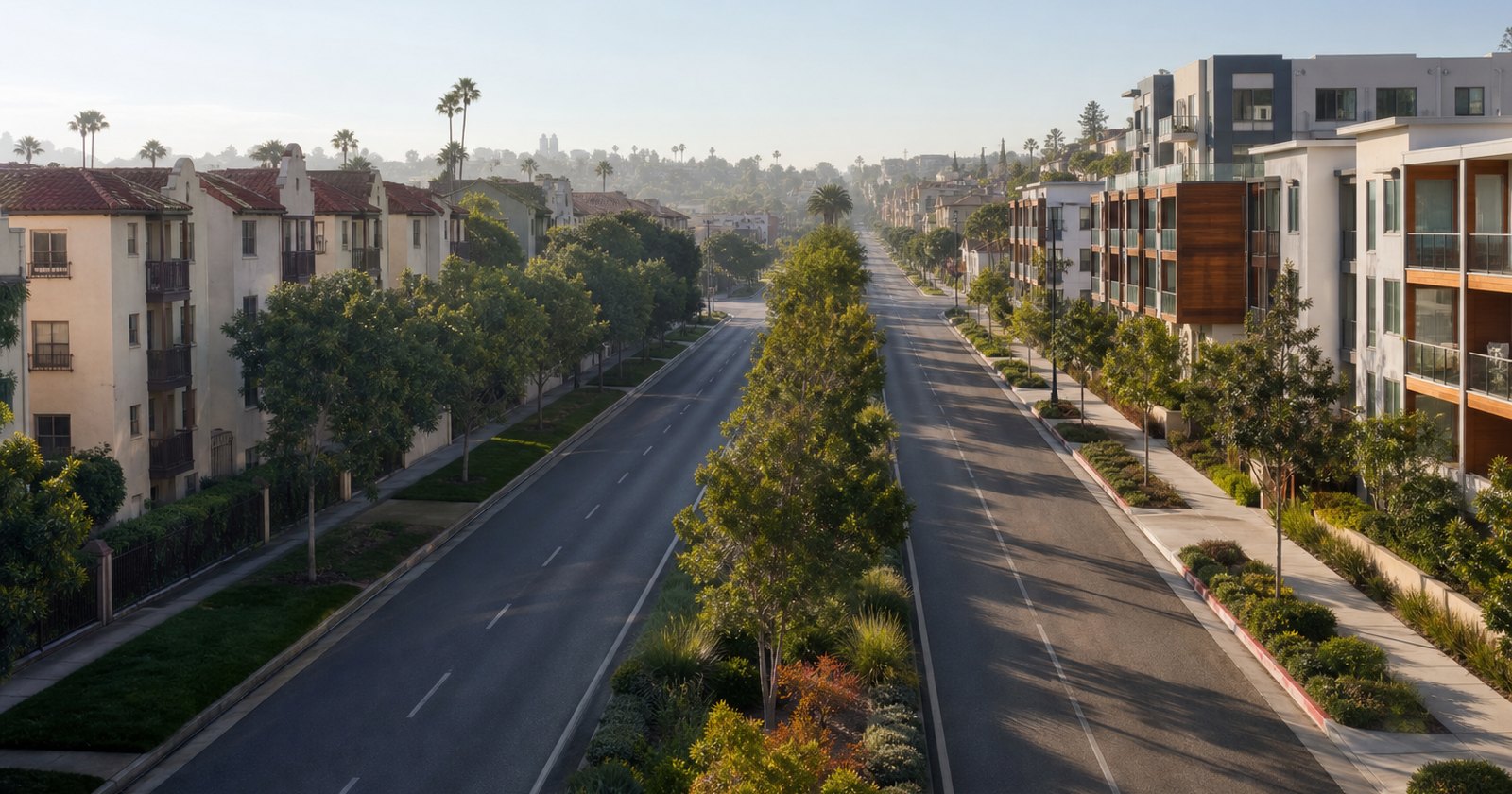 Continuous boulevard where two different California apartment streetscapes meet across a landscaped median