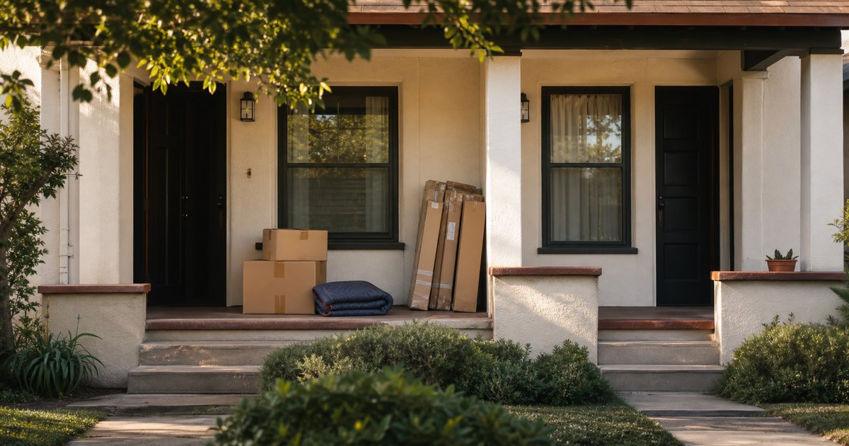 California duplex porch with orderly moving boxes and nearby remodel materials