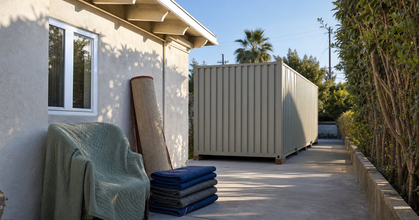 Unbranded portable storage container and protected furnishings staged beside a California rental