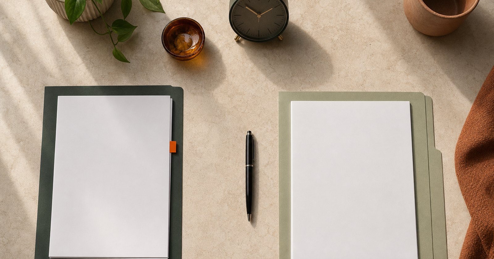 Blank voluntary agreement packet with two neutral folders and an analog clock on a stone table