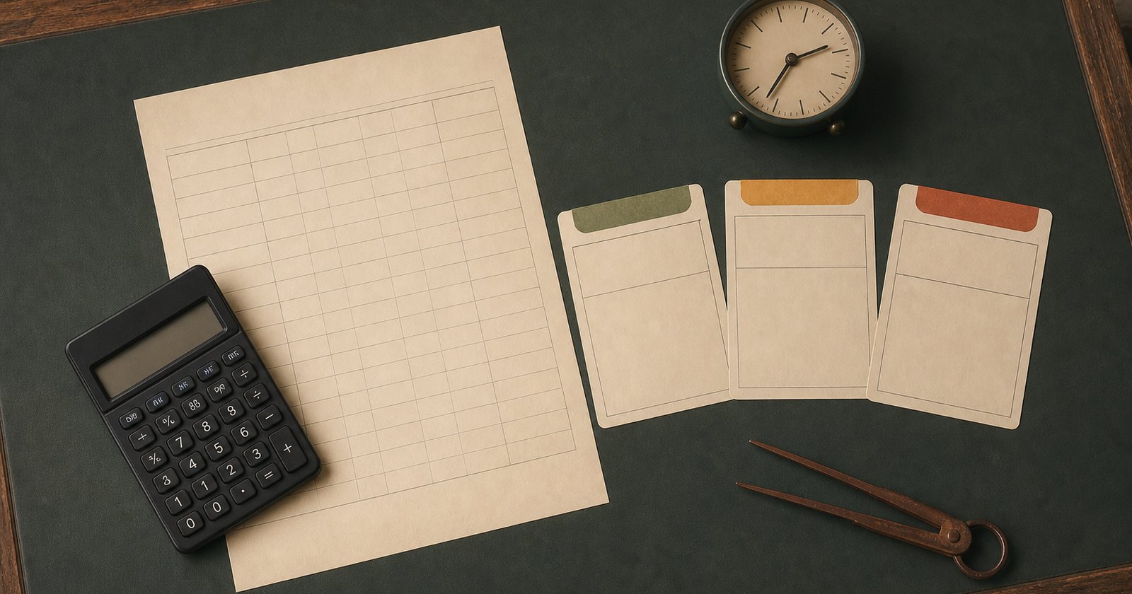 Blank baseline worksheet, utility-cost cards, and an unbranded calculator arranged for emergency pricing review