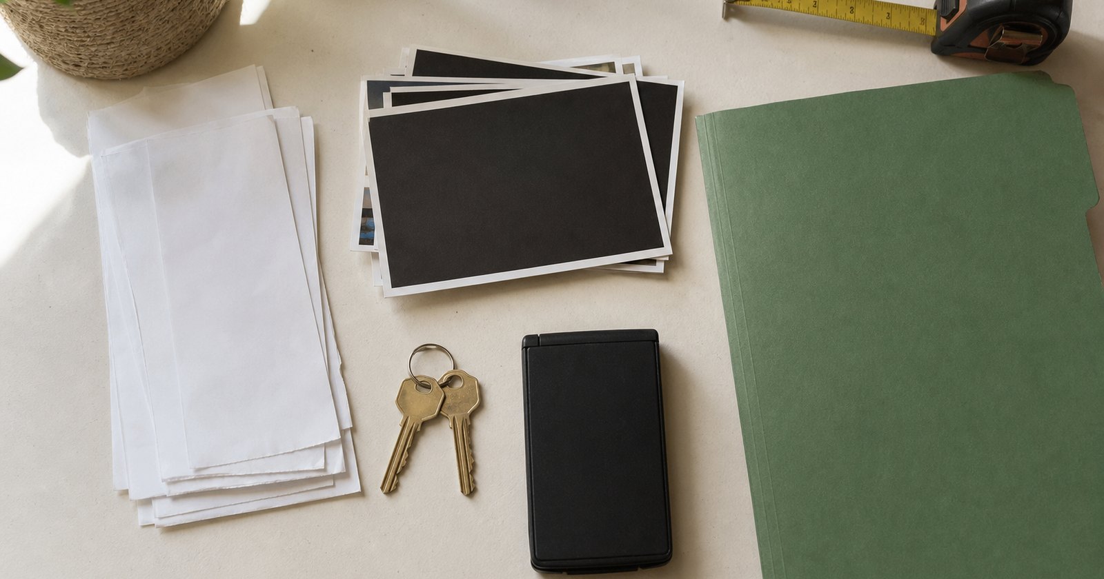 Organized deposit-evidence table with blank receipts, keys, unmarked photos, and a calculator
