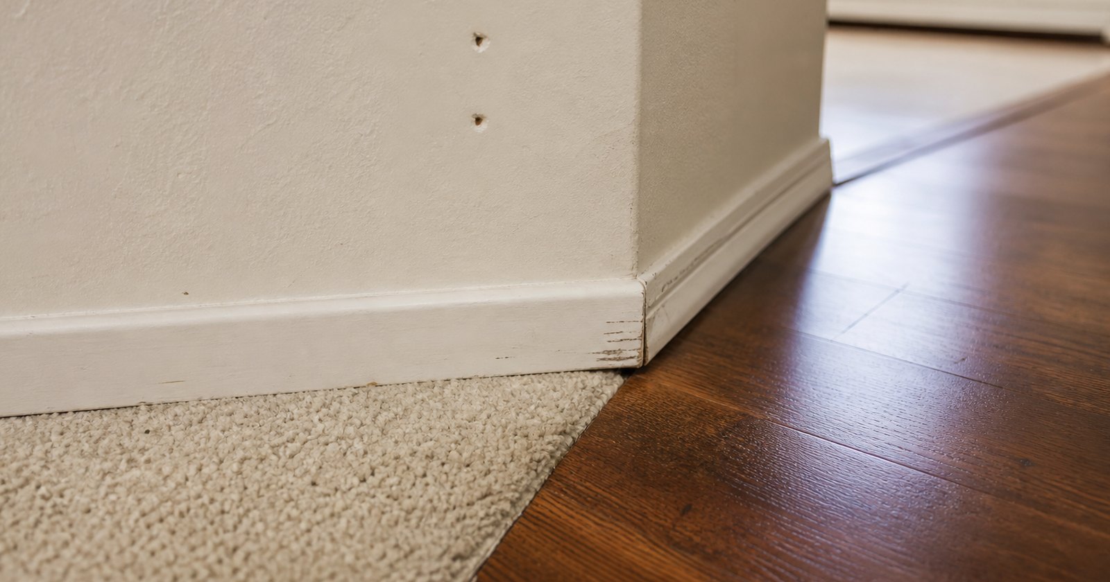Close rental-condition detail showing small wall nail holes and a worn flooring transition