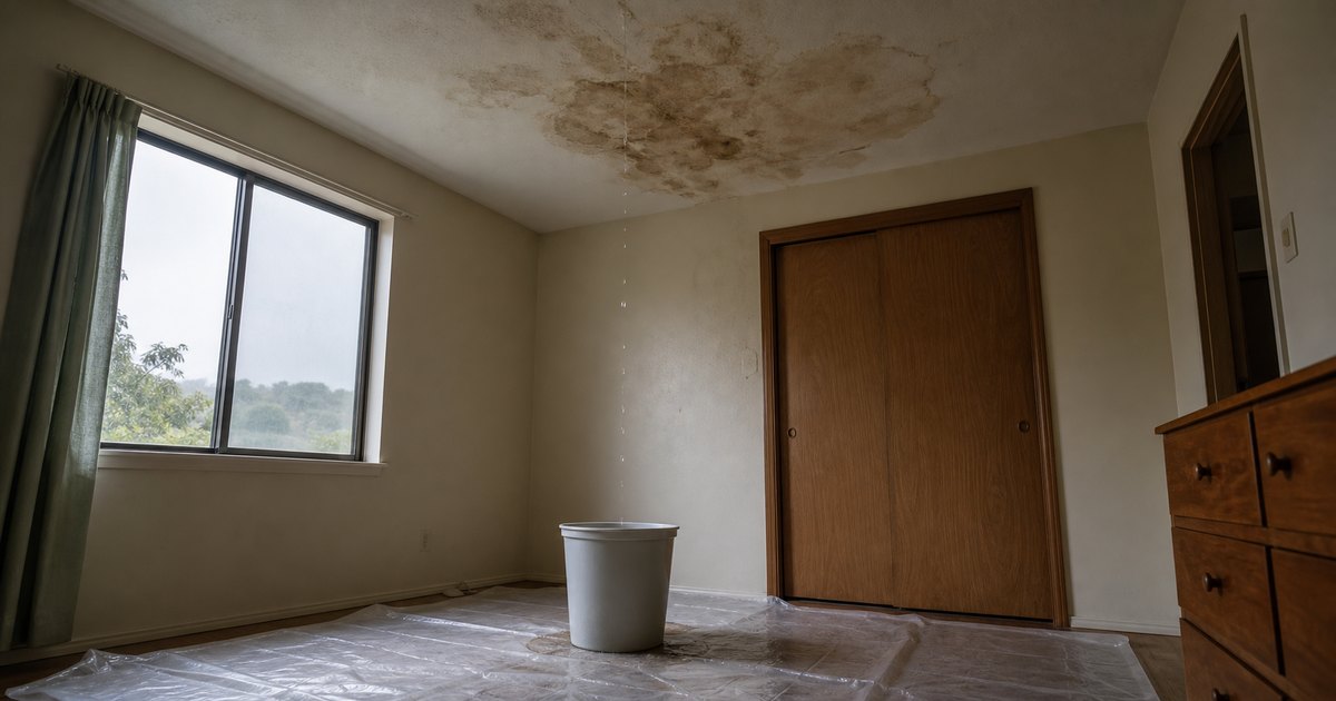 Modest California rental room with a serious ceiling leak and contained water damage