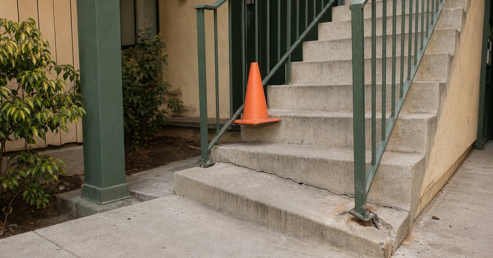 Loose railing and cracked stair tread in a California apartment common area