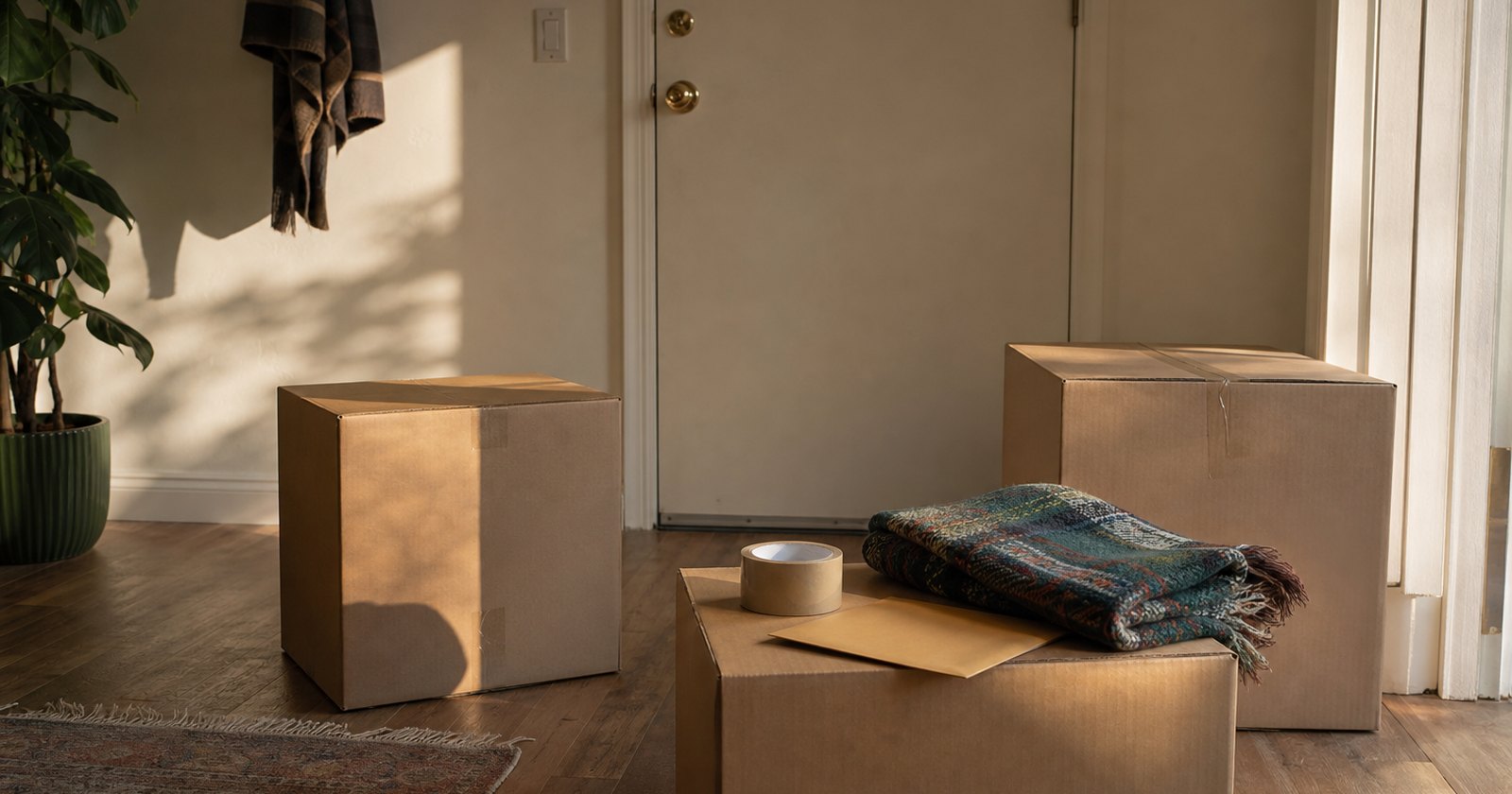Packed moving boxes inside a rental doorway with an unmarked envelope resting on top