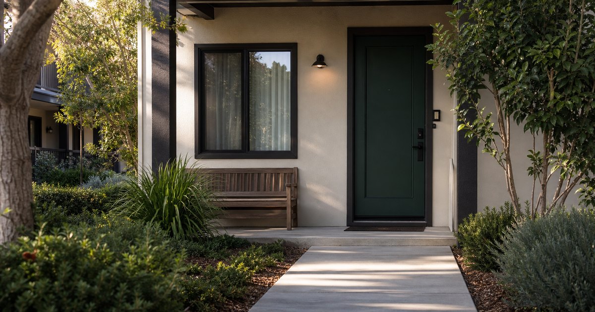 Ground-floor California apartment entry with a no-step threshold, bench, and clear approach