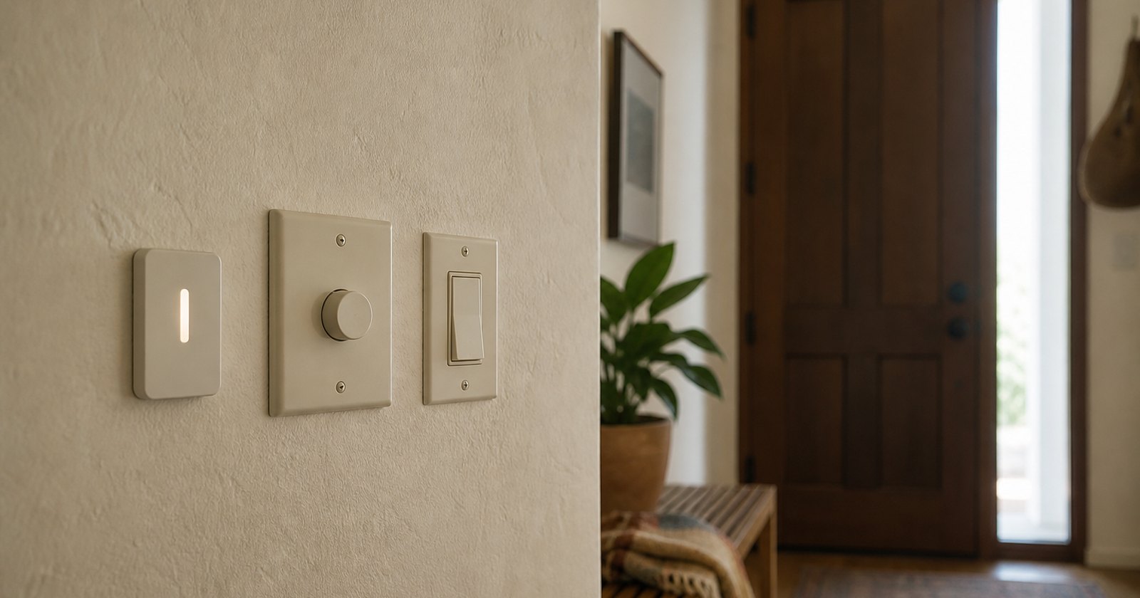 Unbranded visual doorbell indicator and adjustable apartment lighting controls