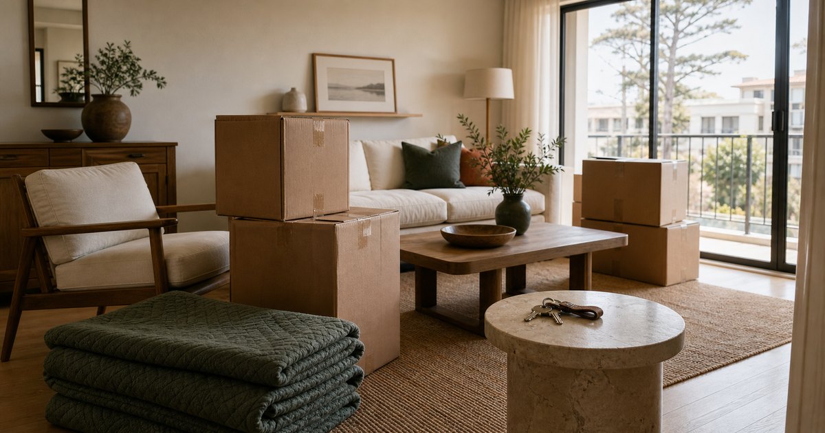 Furnished coastal California rental interior with orderly moving boxes and keys prepared for early exit