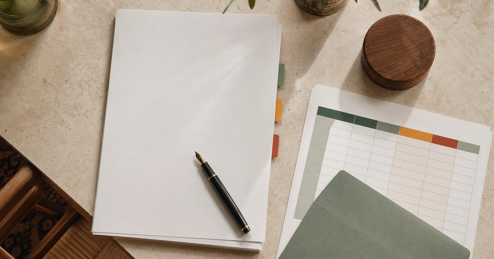 Blank fixed-term lease packet, keys, pen, and color-tabbed schedule arranged on a stone table