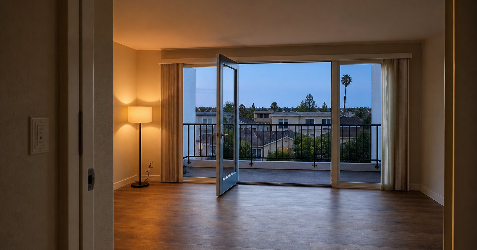 Vacant California condominium living room and balcony prepared for responsible remarketing